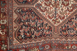 Poetic Khamseh "bird" rug, 19th century, wool on wool, a lovely storytelling about birds in love on the sides of a tree of the life which ends in seeds (bottom of the  ...