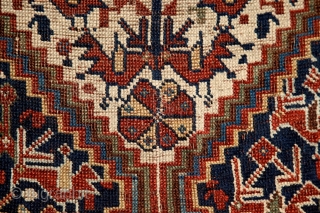 Poetic Khamseh "bird" rug, 19th century, wool on wool, a lovely storytelling about birds in love on the sides of a tree of the life which ends in seeds (bottom of the  ...