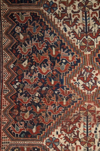 Poetic Khamseh "bird" rug, 19th century, wool on wool, a lovely storytelling about birds in love on the sides of a tree of the life which ends in seeds (bottom of the  ...