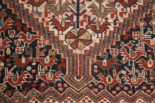 Poetic Khamseh "bird" rug, 19th century, wool on wool, a lovely storytelling about birds in love on the sides of a tree of the life which ends in seeds (bottom of the  ...