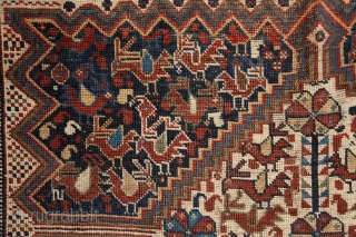 Poetic Khamseh "bird" rug, 19th century, wool on wool, a lovely storytelling about birds in love on the sides of a tree of the life which ends in seeds (bottom of the  ...