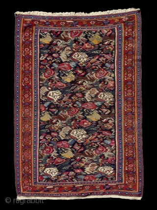 "Do not copy nature too much. Art is an abstraction." Paul Gauguin. Kurdish kilim, Senneh, Persia, ca. 1900. Intact, original, perfect condition. Extremly powerful, abstract drawing. Note the 2 hiding birds along  ...