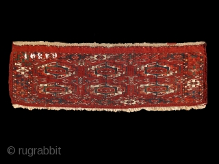 Tekke mafrash panel, 2nd half of 19th century. Very radiant colors from all organic sources. Blues, greens, fine weaving & velvety touch. Intact kilim on the upper side. Some fallen out knots  ...