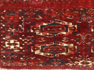 Tekke mafrash panel, 2nd half of 19th century. Very radiant colors from all organic sources. Blues, greens, fine weaving & velvety touch. Intact kilim on the upper side. Some fallen out knots  ...