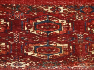 Tekke mafrash panel, 2nd half of 19th century. Very radiant colors from all organic sources. Blues, greens, fine weaving & velvety touch. Intact kilim on the upper side. Some fallen out knots  ...