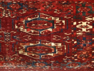 Tekke mafrash panel, 2nd half of 19th century. Very radiant colors from all organic sources. Blues, greens, fine weaving & velvety touch. Intact kilim on the upper side. Some fallen out knots  ...