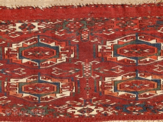 Tekke mafrash panel, 2nd half of 19th century. Very radiant colors from all organic sources. Blues, greens, fine weaving & velvety touch. Intact kilim on the upper side. Some fallen out knots  ...