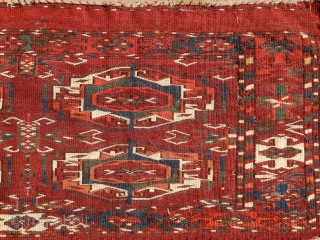 Tekke mafrash panel, 2nd half of 19th century. Very radiant colors from all organic sources. Blues, greens, fine weaving & velvety touch. Intact kilim on the upper side. Some fallen out knots  ...