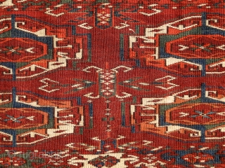 Tekke mafrash panel, 2nd half of 19th century. Very radiant colors from all organic sources. Blues, greens, fine weaving & velvety touch. Intact kilim on the upper side. Some fallen out knots  ...