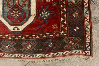 Sevan kazak, 19th century. Glorious caucasian color palette, soft wool, full meaty pile (except some corrosion to the browns). Some small unfolded spots in the side cords and the upper left corner,  ...