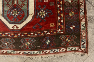 Sevan kazak, 19th century. Glorious caucasian color palette, soft wool, full meaty pile (except some corrosion to the browns). Some small unfolded spots in the side cords and the upper left corner,  ...