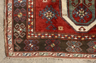 Sevan kazak, 19th century. Glorious caucasian color palette, soft wool, full meaty pile (except some corrosion to the browns). Some small unfolded spots in the side cords and the upper left corner,  ...