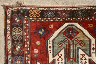 Sevan kazak, 19th century. Glorious caucasian color palette, soft wool, full meaty pile (except some corrosion to the browns). Some small unfolded spots in the side cords and the upper left corner,  ...