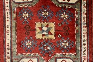 Sevan kazak, 19th century. Glorious caucasian color palette, soft wool, full meaty pile (except some corrosion to the browns). Some small unfolded spots in the side cords and the upper left corner,  ...