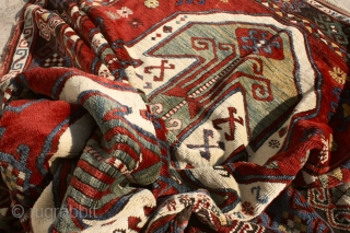 Sevan kazak, 19th century. Glorious caucasian color palette, soft wool, full meaty pile (except some corrosion to the browns). Some small unfolded spots in the side cords and the upper left corner,  ...