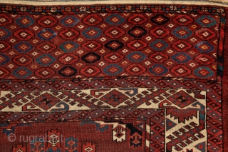 Yomud "Kepse" main carpet, at least mid. 19th century, 320x210 cm, wonderfully balanced spacious design with floating, rounded -early type of- Kepse-göls, and rare type of skirt design. Deep and saturated natural  ...