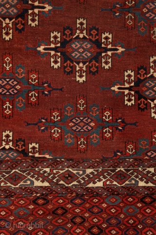 Yomud "Kepse" main carpet, at least mid. 19th century, 320x210 cm, wonderfully balanced spacious design with floating, rounded -early type of- Kepse-göls, and rare type of skirt design. Deep and saturated natural  ...