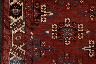Yomud "Kepse" main carpet, at least mid. 19th century, 320x210 cm, wonderfully balanced spacious design with floating, rounded -early type of- Kepse-göls, and rare type of skirt design. Deep and saturated natural  ...