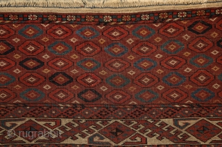 Yomud "Kepse" main carpet, at least mid. 19th century, 320x210 cm, wonderfully balanced spacious design with floating, rounded -early type of- Kepse-göls, and rare type of skirt design. Deep and saturated natural  ...