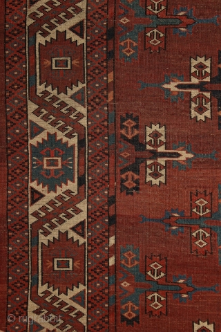 Yomud "Kepse" main carpet, at least mid. 19th century, 320x210 cm, wonderfully balanced spacious design with floating, rounded -early type of- Kepse-göls, and rare type of skirt design. Deep and saturated natural  ...