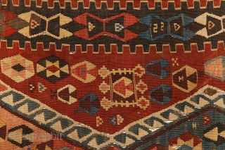 Kagizman kilim, mid 19th century, East-Anatolia, 340x165cm. Nice non symmetrical, early balanced palette with deep and saturated colors included different kind of early aubergine! Beautiful red, mauve, turquoise, indigo, light creamy brown  ...