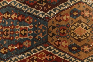 Kagizman kilim, mid 19th century, East-Anatolia, 340x165cm. Nice non symmetrical, early balanced palette with deep and saturated colors included different kind of early aubergine! Beautiful red, mauve, turquoise, indigo, light creamy brown  ...