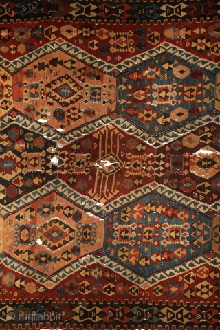 Kagizman kilim, mid 19th century, East-Anatolia, 340x165cm. Nice non symmetrical, early balanced palette with deep and saturated colors included different kind of early aubergine! Beautiful red, mauve, turquoise, indigo, light creamy brown  ...