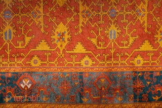 "Lotto" Ushak, late 19th century, 380x145cm
Beautiful cloud-band bordure with stylized, mythological animal figures. Different shades of nice greenish blues.
Perfect condition, original, intact selvages and kilim-ends. The only one problem can be seen  ...