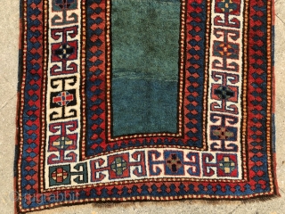 “Green calm below, blue quietness above.” John Greenleaf Whittier, Bordjalu (?) sleeping rug, Caucasus, 19th century, intact condition, full, meaty pile all over.  A calmy green-turquise field sorrounded by rawly drawn  ...