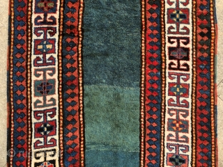 “Green calm below, blue quietness above.” John Greenleaf Whittier, Bordjalu (?) sleeping rug, Caucasus, 19th century, intact condition, full, meaty pile all over.  A calmy green-turquise field sorrounded by rawly drawn  ...