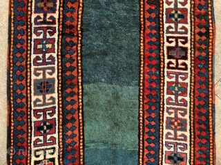 “Green calm below, blue quietness above.” John Greenleaf Whittier, Bordjalu (?) sleeping rug, Caucasus, 19th century, intact condition, full, meaty pile all over.  A calmy green-turquise field sorrounded by rawly drawn  ...