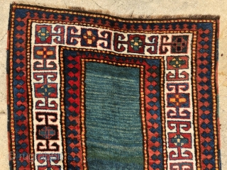 “Green calm below, blue quietness above.” John Greenleaf Whittier, Bordjalu (?) sleeping rug, Caucasus, 19th century, intact condition, full, meaty pile all over.  A calmy green-turquise field sorrounded by rawly drawn  ...