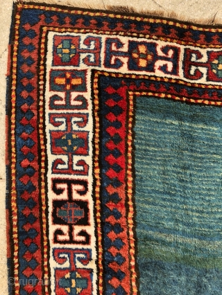 “Green calm below, blue quietness above.” John Greenleaf Whittier, Bordjalu (?) sleeping rug, Caucasus, 19th century, intact condition, full, meaty pile all over.  A calmy green-turquise field sorrounded by rawly drawn  ...