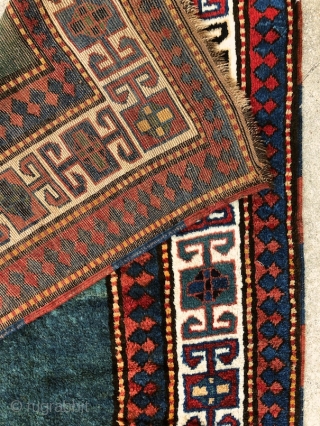 “Green calm below, blue quietness above.” John Greenleaf Whittier, Bordjalu (?) sleeping rug, Caucasus, 19th century, intact condition, full, meaty pile all over.  A calmy green-turquise field sorrounded by rawly drawn  ...