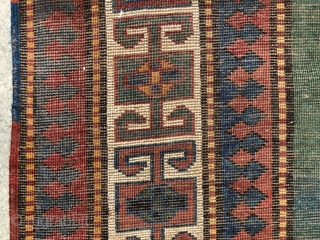 “Green calm below, blue quietness above.” John Greenleaf Whittier, Bordjalu (?) sleeping rug, Caucasus, 19th century, intact condition, full, meaty pile all over.  A calmy green-turquise field sorrounded by rawly drawn  ...