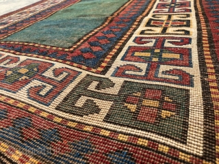 “Green calm below, blue quietness above.” John Greenleaf Whittier, Bordjalu (?) sleeping rug, Caucasus, 19th century, intact condition, full, meaty pile all over.  A calmy green-turquise field sorrounded by rawly drawn  ...