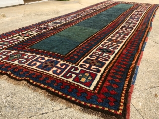 “Green calm below, blue quietness above.” John Greenleaf Whittier, Bordjalu (?) sleeping rug, Caucasus, 19th century, intact condition, full, meaty pile all over.  A calmy green-turquise field sorrounded by rawly drawn  ...