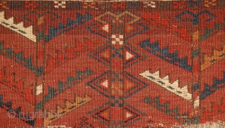 Yomud Ensi, Turkmenistan, mid 19th century, wool on wool with brilliant colors.
Super graphic drawing,wonderful bottom design with wonderful life of trees with horns on their top, known from mihrab's head on the  ...