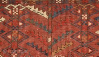 Yomud Ensi, Turkmenistan, mid 19th century, wool on wool with brilliant colors.
Super graphic drawing,wonderful bottom design with wonderful life of trees with horns on their top, known from mihrab's head on the  ...