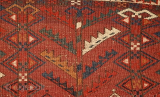 Yomud Ensi, Turkmenistan, mid 19th century, wool on wool with brilliant colors.
Super graphic drawing,wonderful bottom design with wonderful life of trees with horns on their top, known from mihrab's head on the  ...