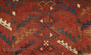 Yomud Ensi, Turkmenistan, mid 19th century, wool on wool with brilliant colors.
Super graphic drawing,wonderful bottom design with wonderful life of trees with horns on their top, known from mihrab's head on the  ...