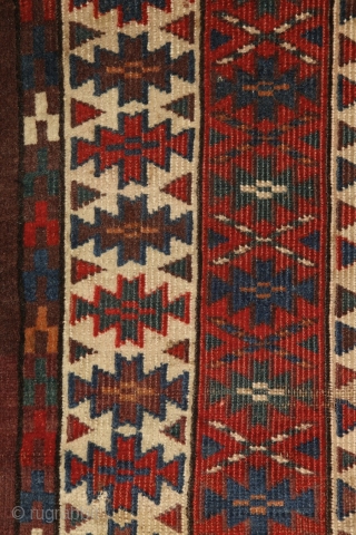 Yomud Ensi, Turkmenistan, mid 19th century, wool on wool with brilliant colors.
Super graphic drawing,wonderful bottom design with wonderful life of trees with horns on their top, known from mihrab's head on the  ...