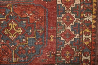 Early Ersari main carpet, around 1850, wool on wool, 270x215 cm. Nice asymmethrical archaic drawing with wonderful colors, greens, blues, reds, yellows... great scaling with the spaces between the güls, needless to  ...