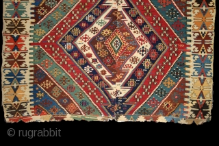 Malatya - Rashwan kilim, 175x320 cm, mid. 19th century
Perfect, very deeply saturated, all natural colors, fresh turquoise greens, perfect deep indigo and more different blue, yellow, red and so on...
full anatolian color  ...