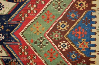 Malatya - Rashwan kilim, 175x320 cm, mid. 19th century
Perfect, very deeply saturated, all natural colors, fresh turquoise greens, perfect deep indigo and more different blue, yellow, red and so on...
full anatolian color  ...