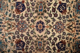 Kayseri "Manchester" rug, wool on cotton, very fine knotting with soft, silky touch. Very characteristic "Shah abbas" field design The cream-ivory ground makes the movement of the leaves and flowers dynamic and  ...