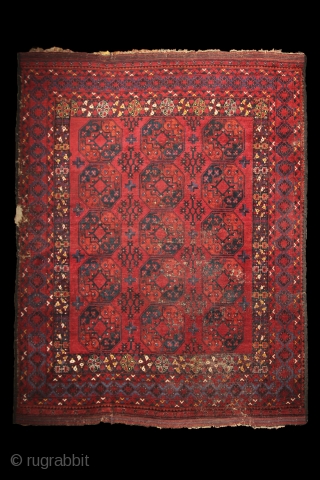 Ersari main rug with beautiful border system incl. different, vivid blues and wide kilim on both ends. 2x3 m, 19th century. Moth eaten knots at more places (the plain weave is not  ...