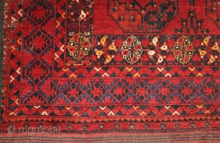 Ersari main rug with beautiful border system incl. different, vivid blues and wide kilim on both ends. 2x3 m, 19th century. Moth eaten knots at more places (the plain weave is not  ...