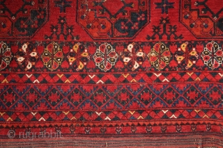 Ersari main rug with beautiful border system incl. different, vivid blues and wide kilim on both ends. 2x3 m, 19th century. Moth eaten knots at more places (the plain weave is not  ...