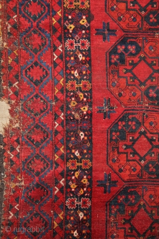 Ersari main rug with beautiful border system incl. different, vivid blues and wide kilim on both ends. 2x3 m, 19th century. Moth eaten knots at more places (the plain weave is not  ...